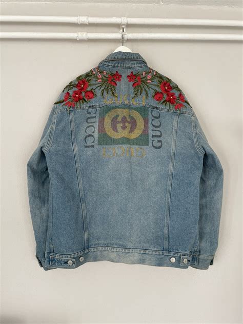 gucci floral embroidered denim jacket|Gucci denim animal applique jacket.